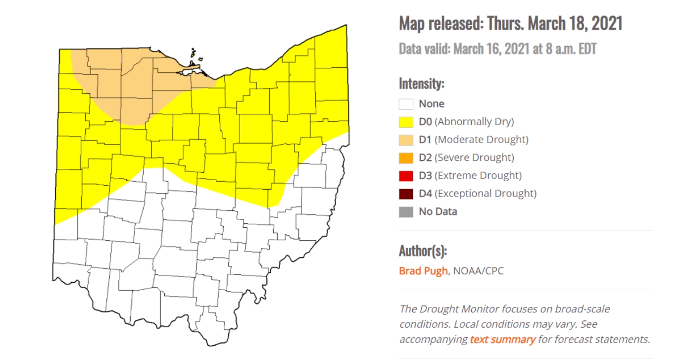 State of Ohio map showing drought conditions