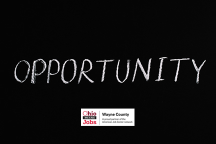 The word Opportunity written on a chalkboard with the Ohio Means Jobs logo 